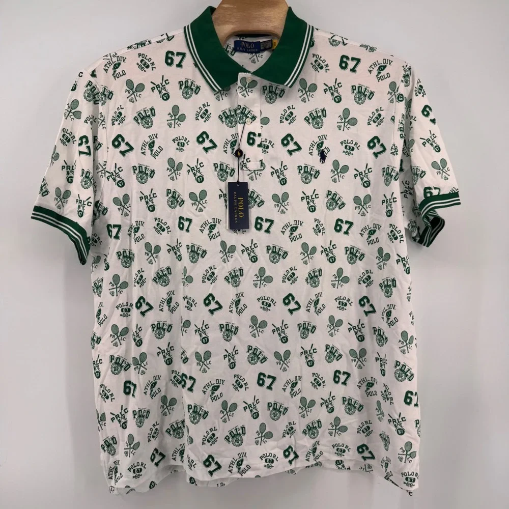Polo Ralph Lauren Polo Shirt Mens 3XB White Green All Over Tennis Print NWT